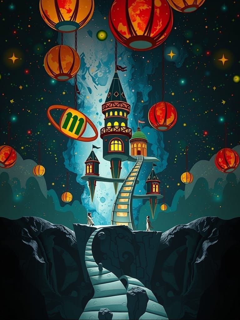 Whimsical Papercraft City on Cratered Moon