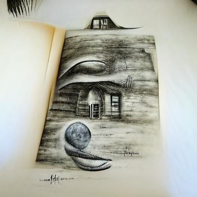 Surreal Cottage in Woods: Ink and Charcoal Drawing
