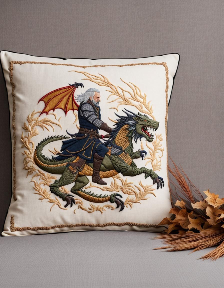 Embroidered Royal Pillow: Geralt vs. Dragon