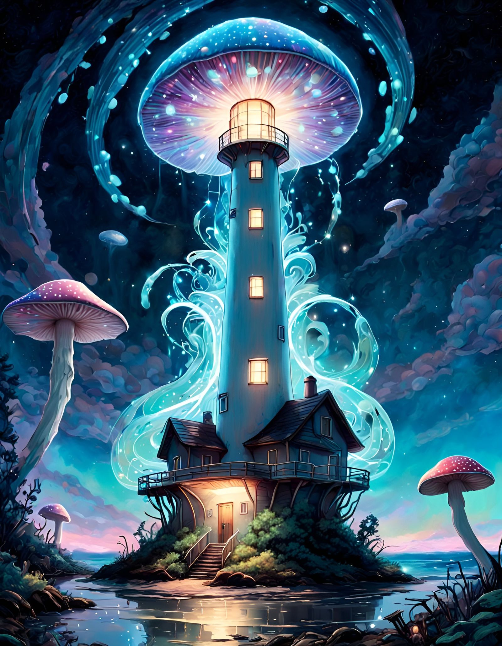 Bioluminescent Mushroom Portal Lighthouse at Universe Edge