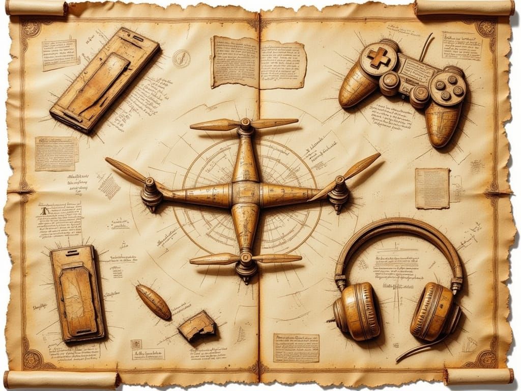 Da Vinci Sketches Modern Devices on Ancient Parchment