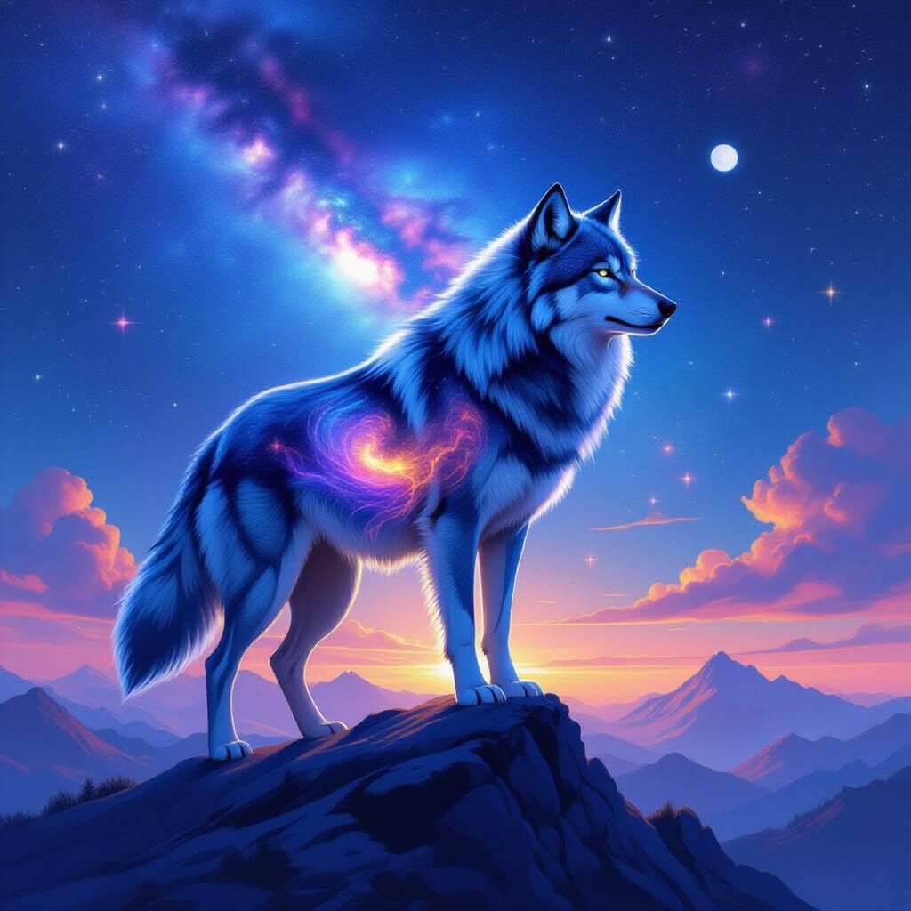 Majestic Wolf Silhouette Under Starry Sky