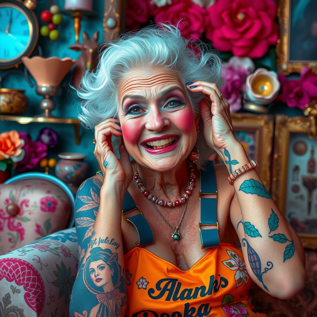 Vibrant Tattooed Grandmother in Surreal Setting