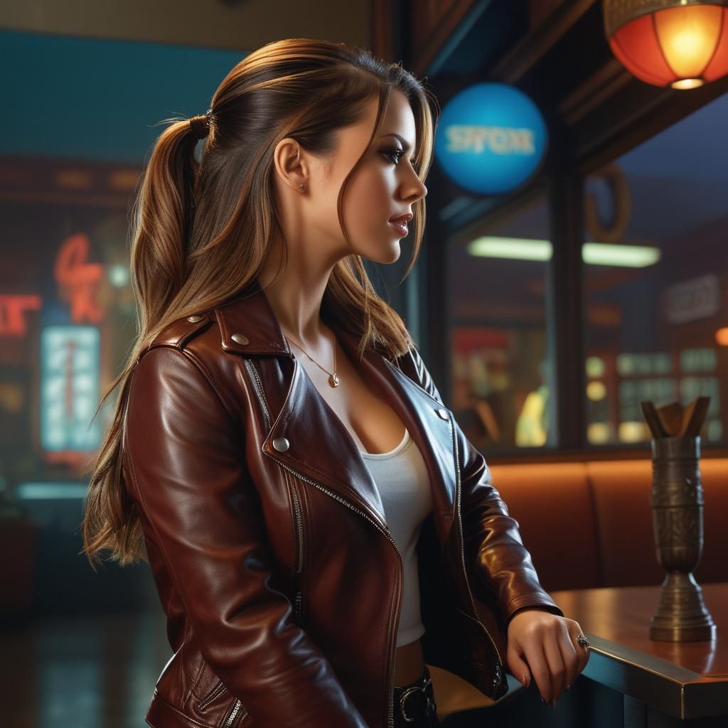Photorealistic Woman in Leather Jacket, Cinematic Still