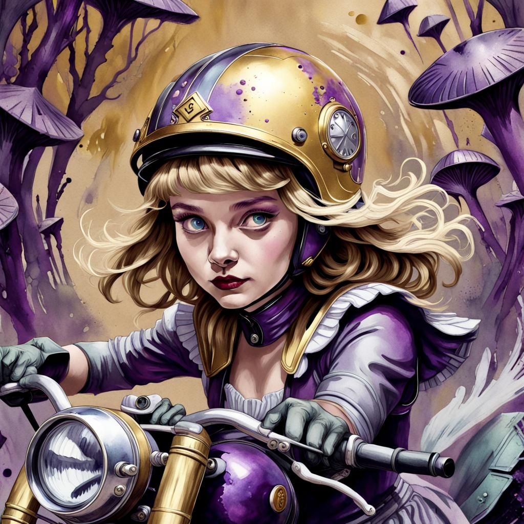 Alice in Wonderland Rides a Motorcycle, Art Deco Style