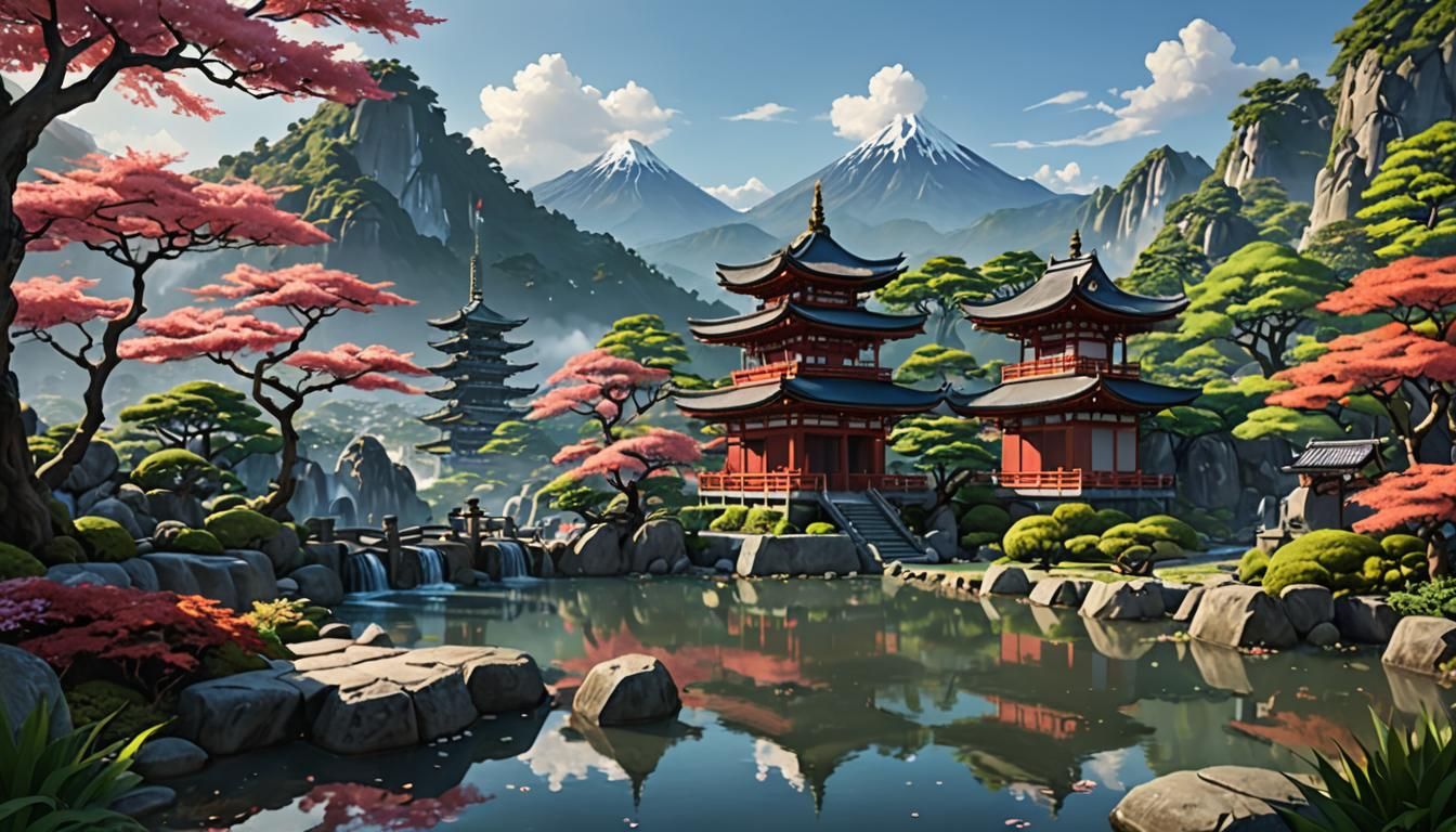 Mystical Japanese Garden with Flowing Water in 3D Anime Styl...