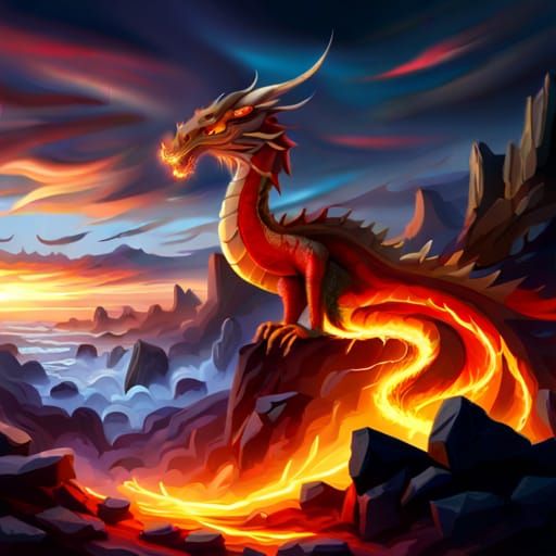 Majestic Red Dragon Breathing Fire in Rocky Landscape
