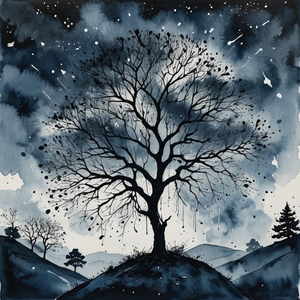 Ink Splatter Tree Swaying Under Starry Sky