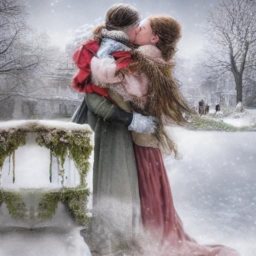 Two Women Kissing in Winter Garden