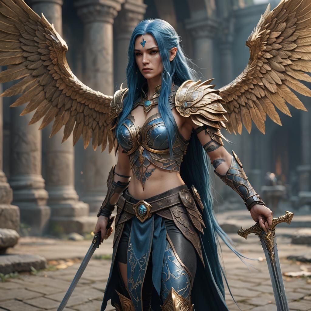 Epic Female Warrior with Gold Wings, 3D Render