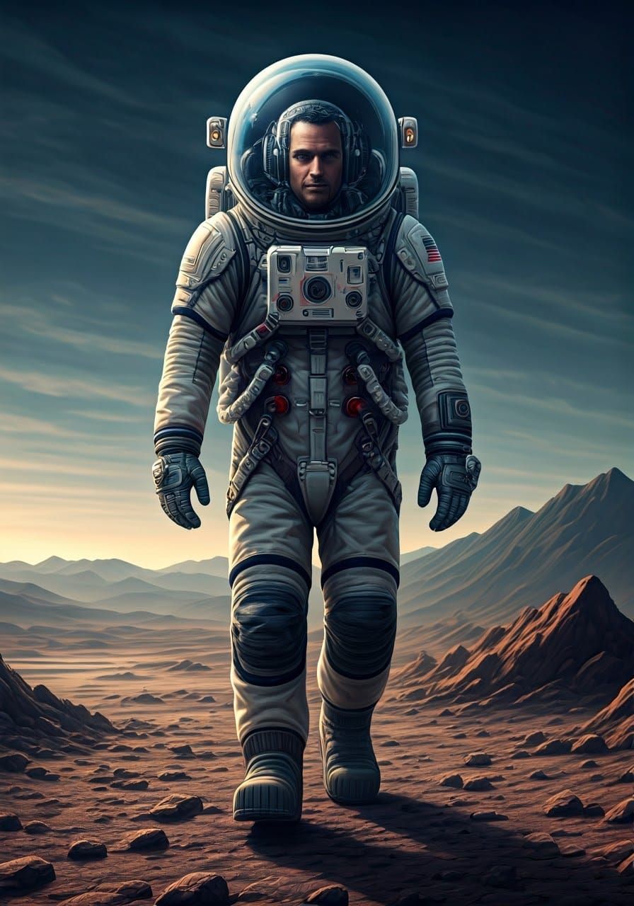 Astronaut on Distant Moon in Advanced Spacesuit