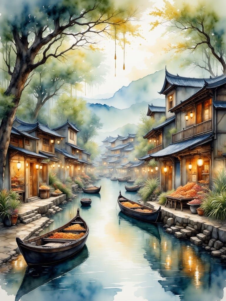 Dreamy Village Scene in Watercolor Style