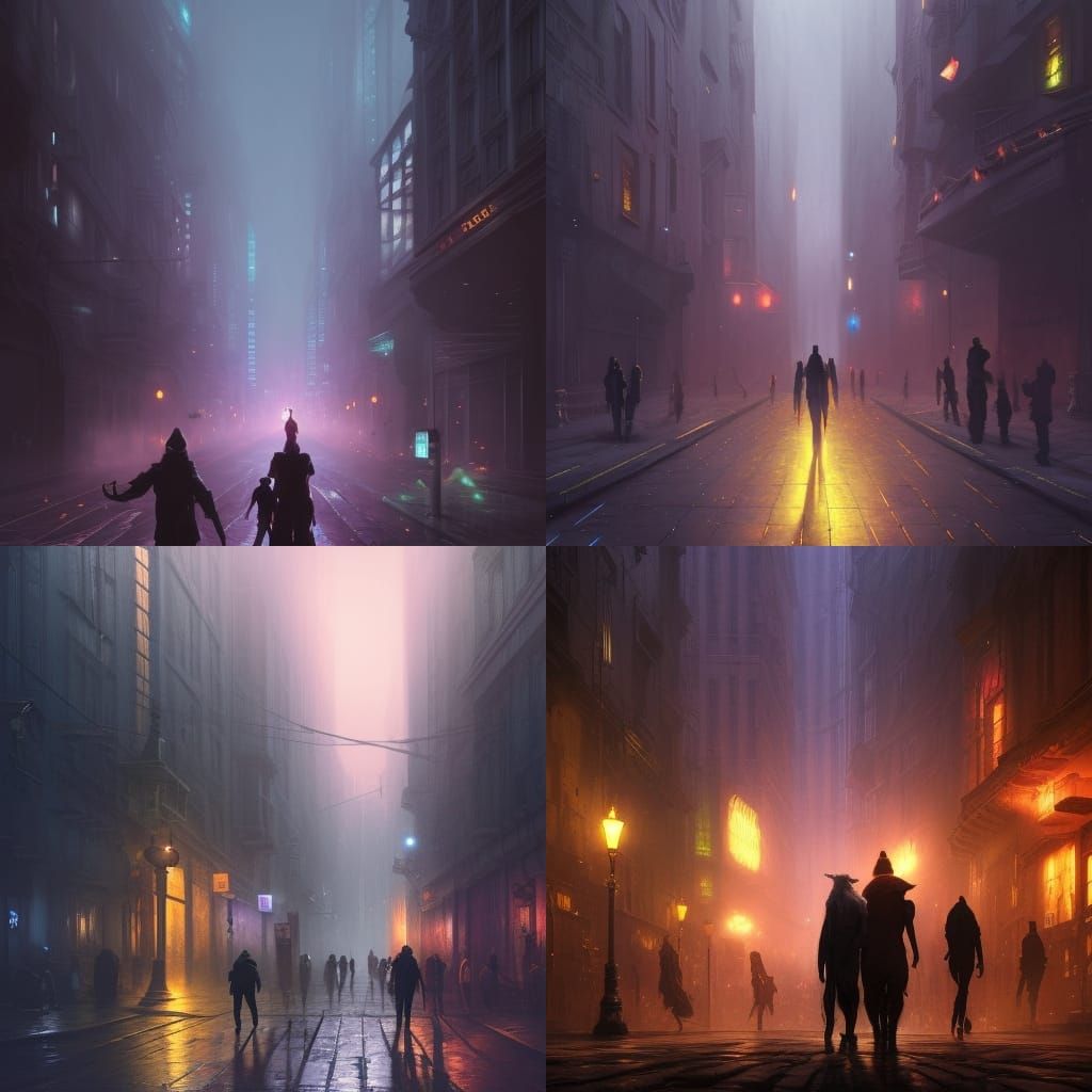 Glowing Figures in Dark City Street, Detailed Digital Art