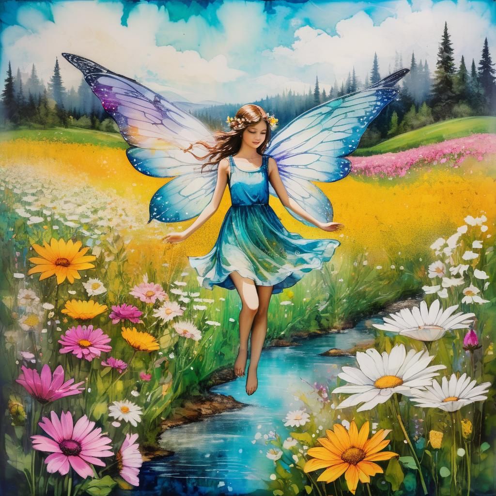 Shimmering Fairy Rising from Floral Meadow