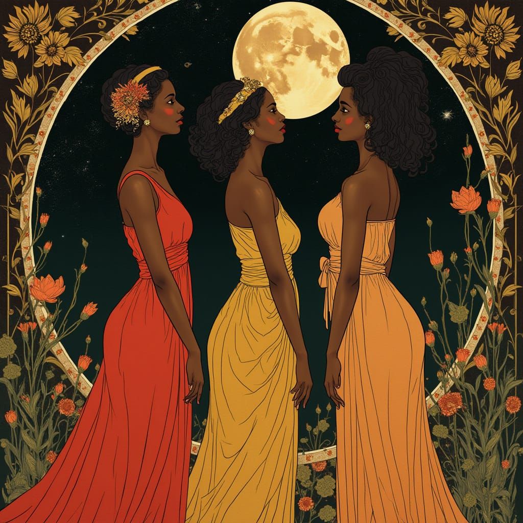 Black Woman Gazing at Moon in Art Nouveau Style