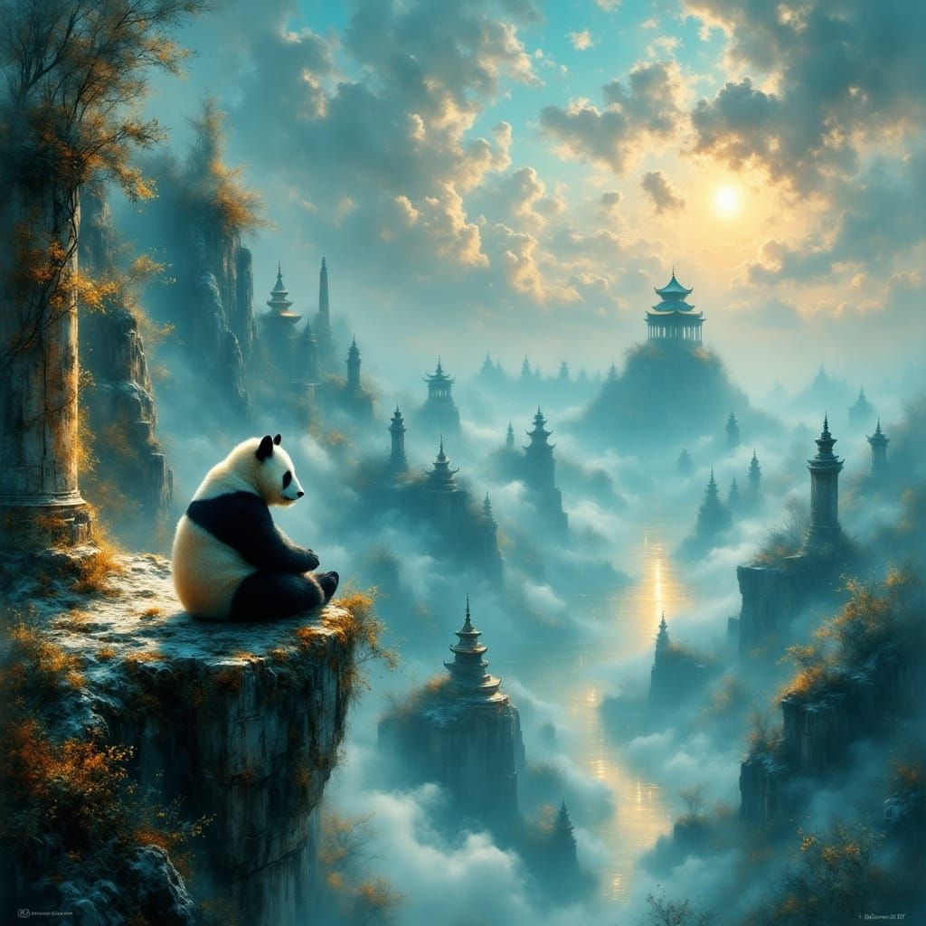Panda Meditating on Floating Island in Painterly Style