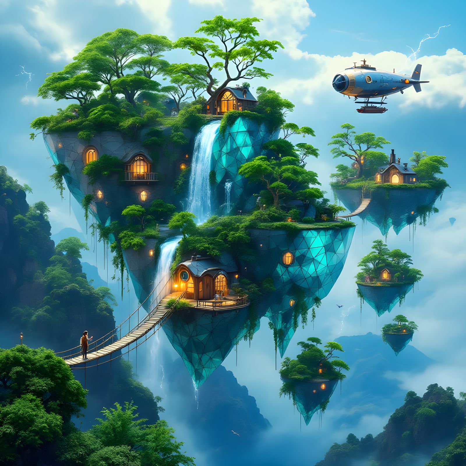 Surreal Floating Islands with Steampunk Airships and Geometr...
