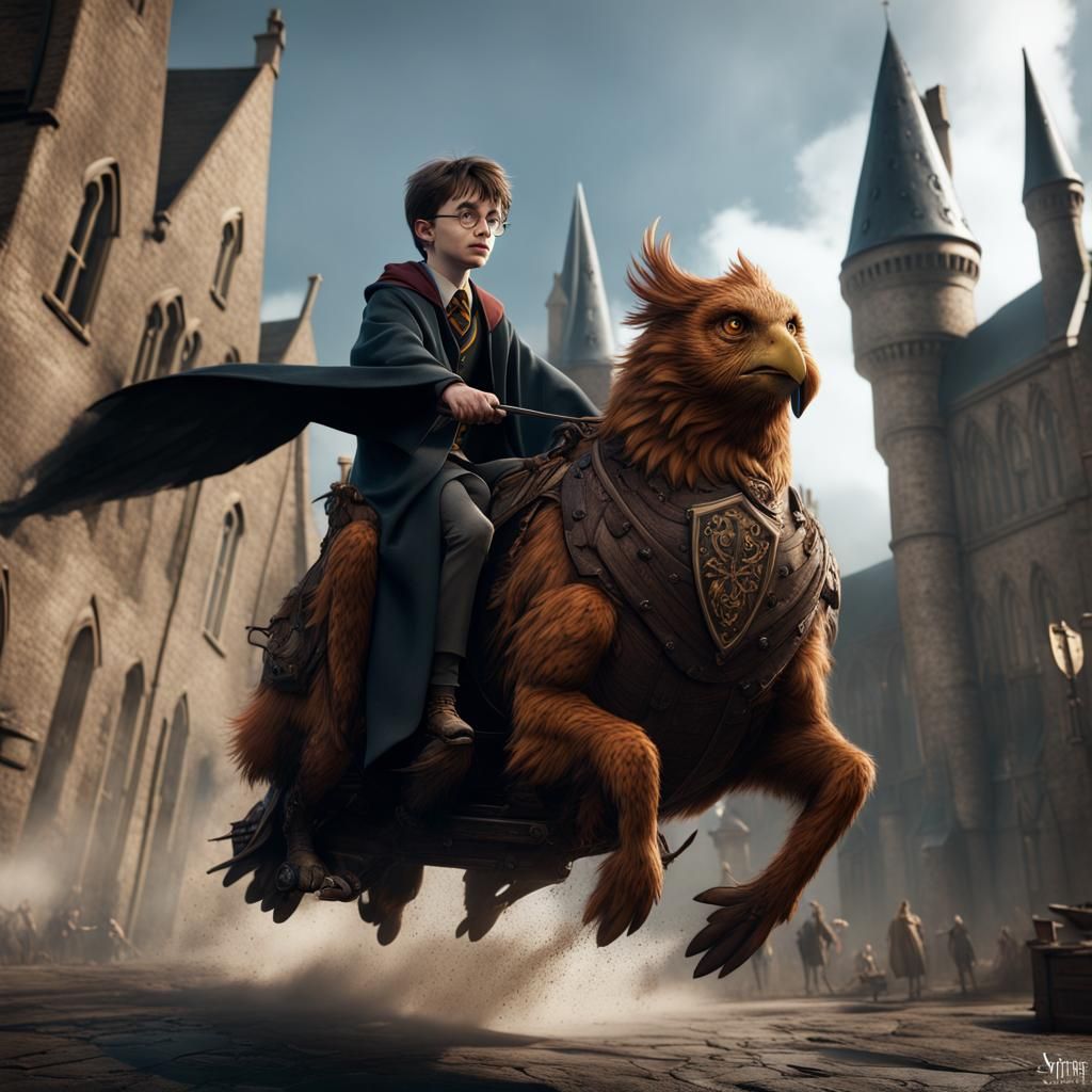 Harry Potter Riding a Hippogriff in Matte Painting
