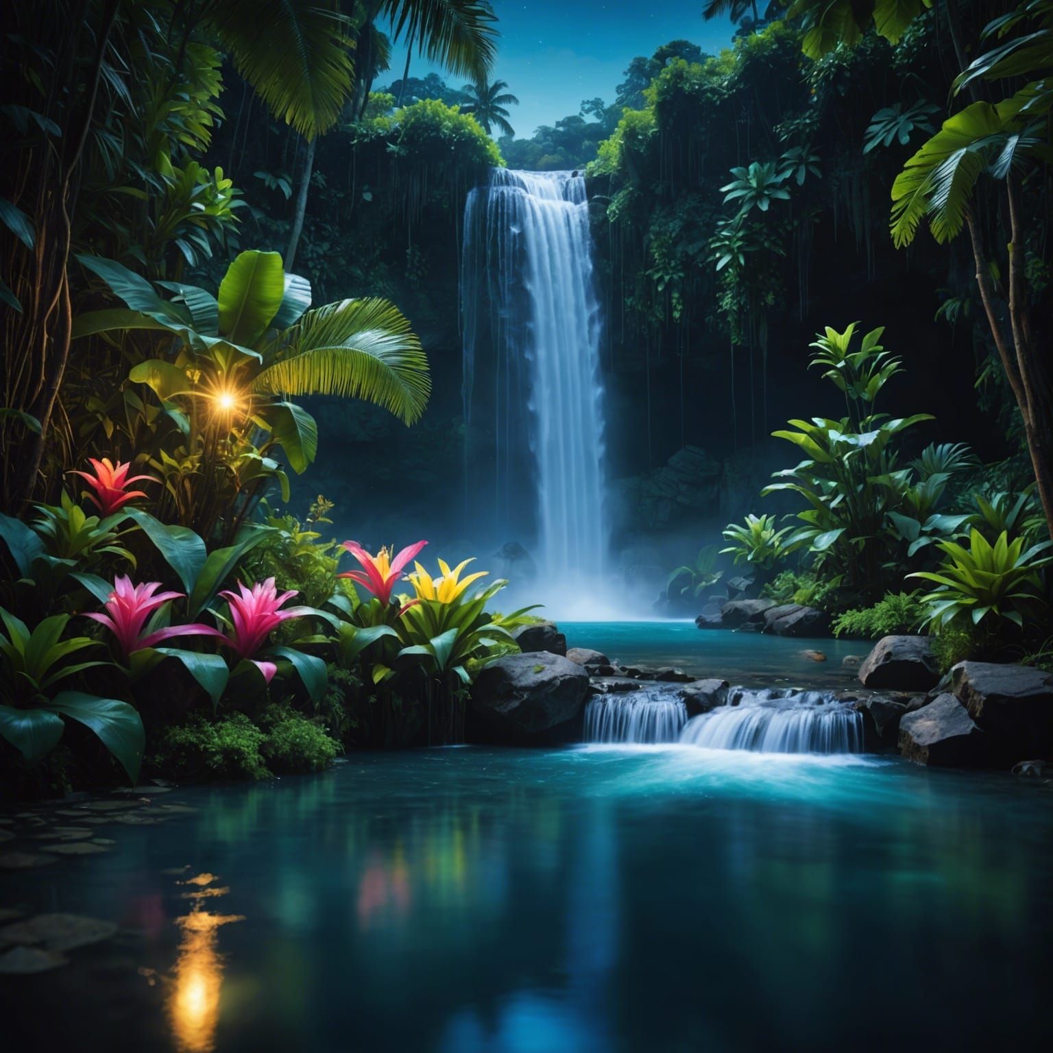Sapphire Bioluminescent Waterfall in Tropical Lagoon