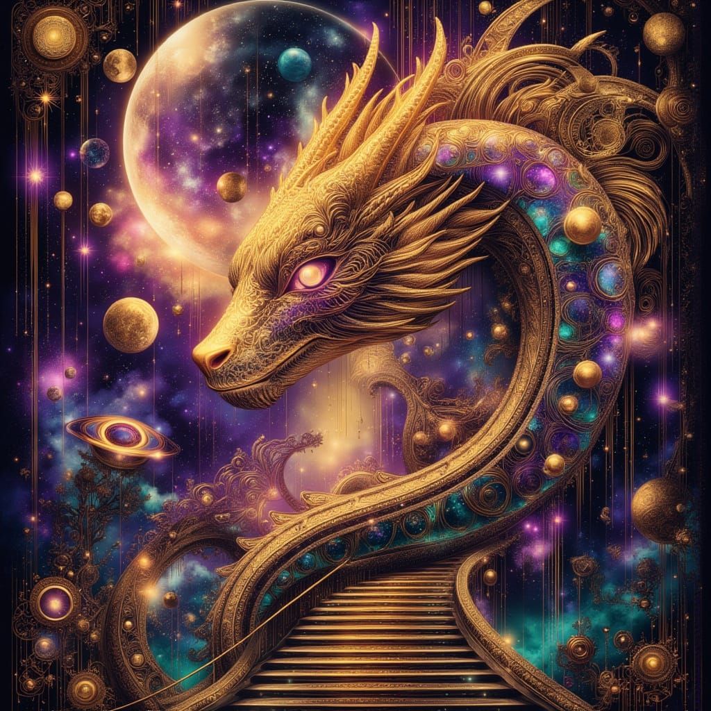 Luminous Dragon with Golden Accents and Cosmic Psychedelic B...