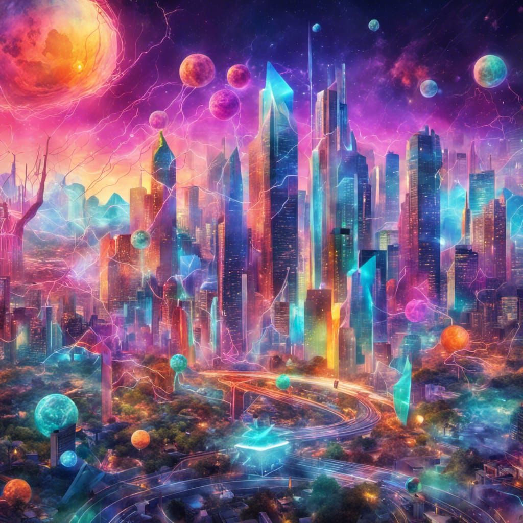 Lush Cyber Crypto City in Pablo Amaringo Style