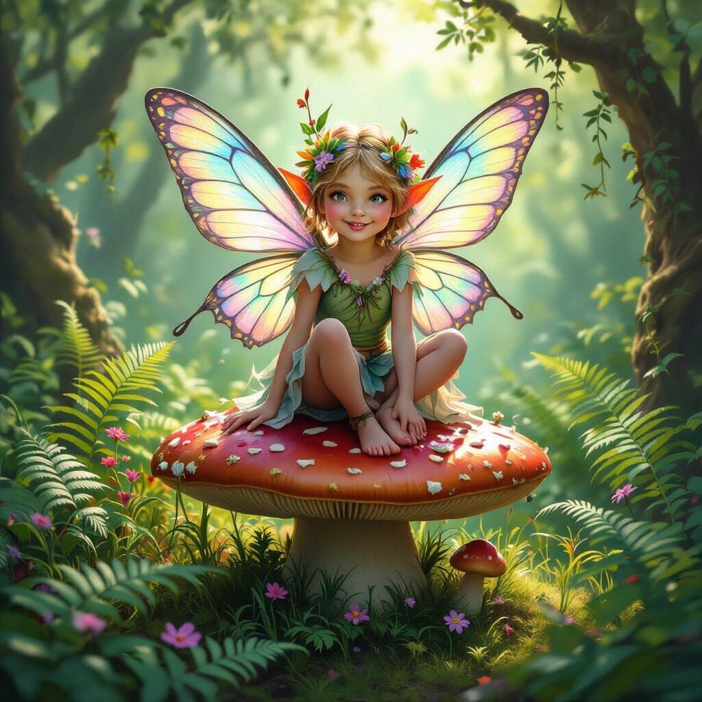 Enchanted Forest Sprite on Toadstool, Whimsical Illustration