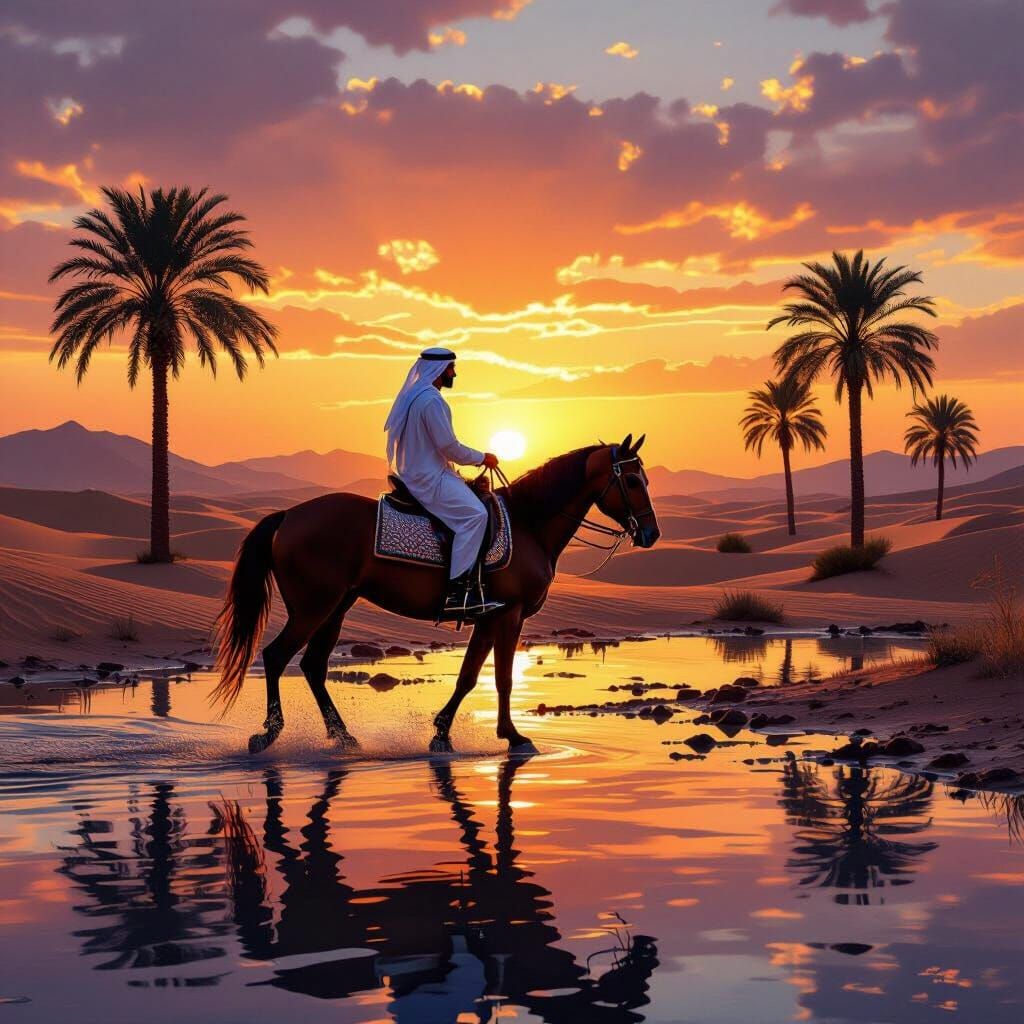 Emirati Man Rides Horse at Desert Sunset