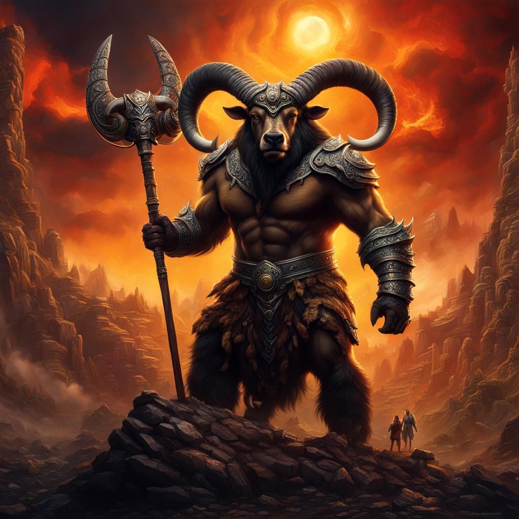 Muscular Minotaur with Galactic Fur in Forest