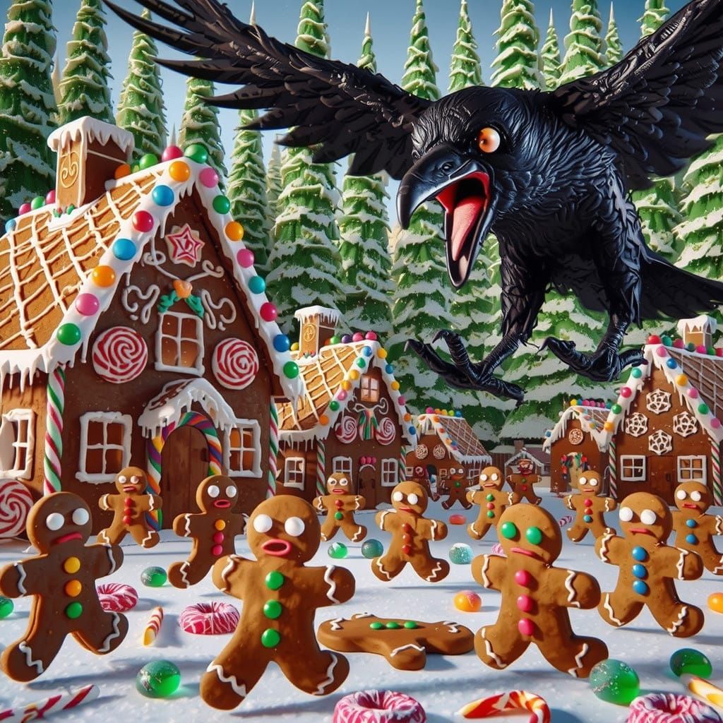 Whimsical Gingerbread Village Under Siege by a Majestic Crow