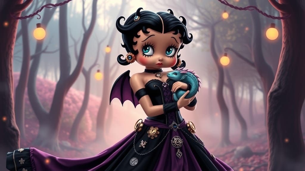 Betty Boop in Gothic Steampunk Forest with Dragon