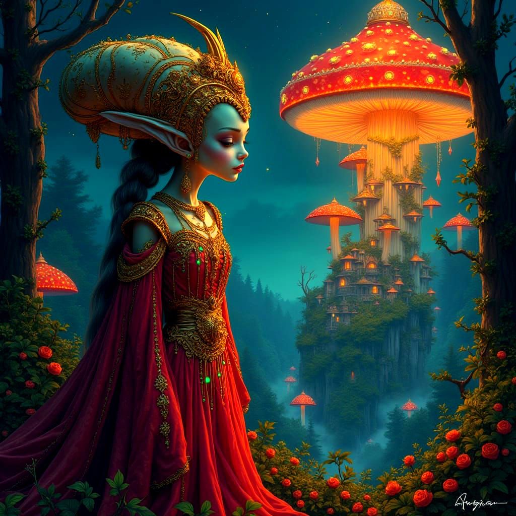 Alien Queen in Mushroom Palace, Fantasy Art