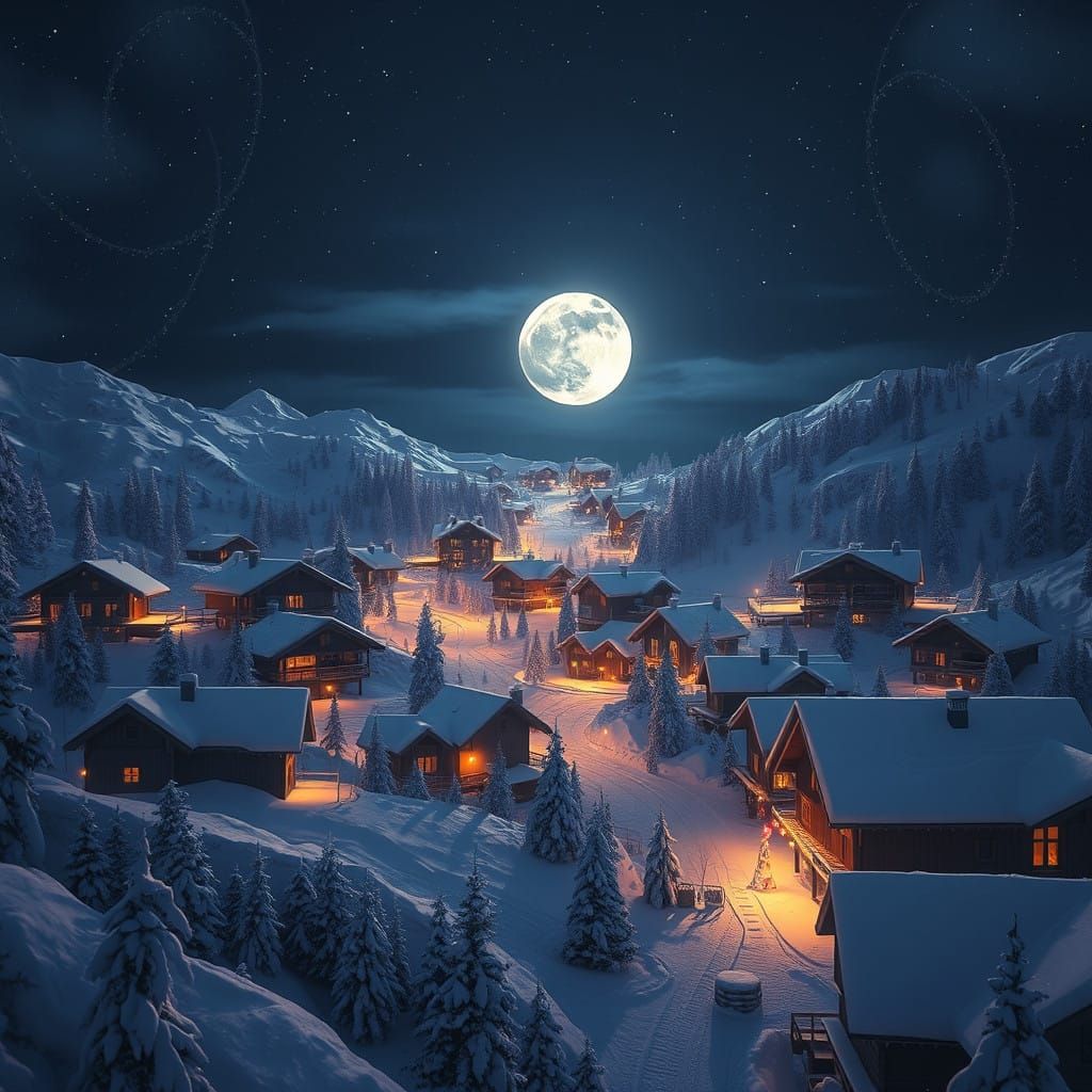 Enchanted Ski Resort under Full Moon's Christmas Glow