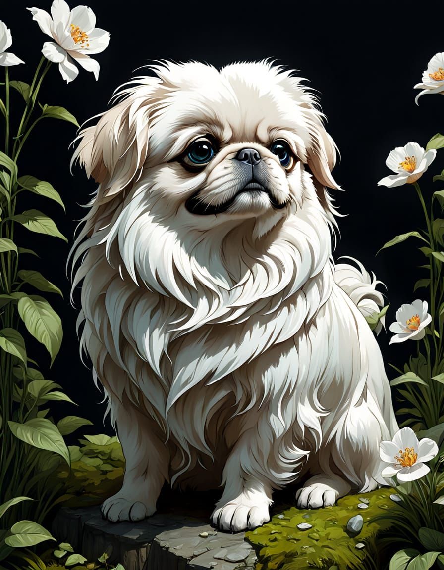 Whimsical White Pekingese Puppy in Floral Wonderland