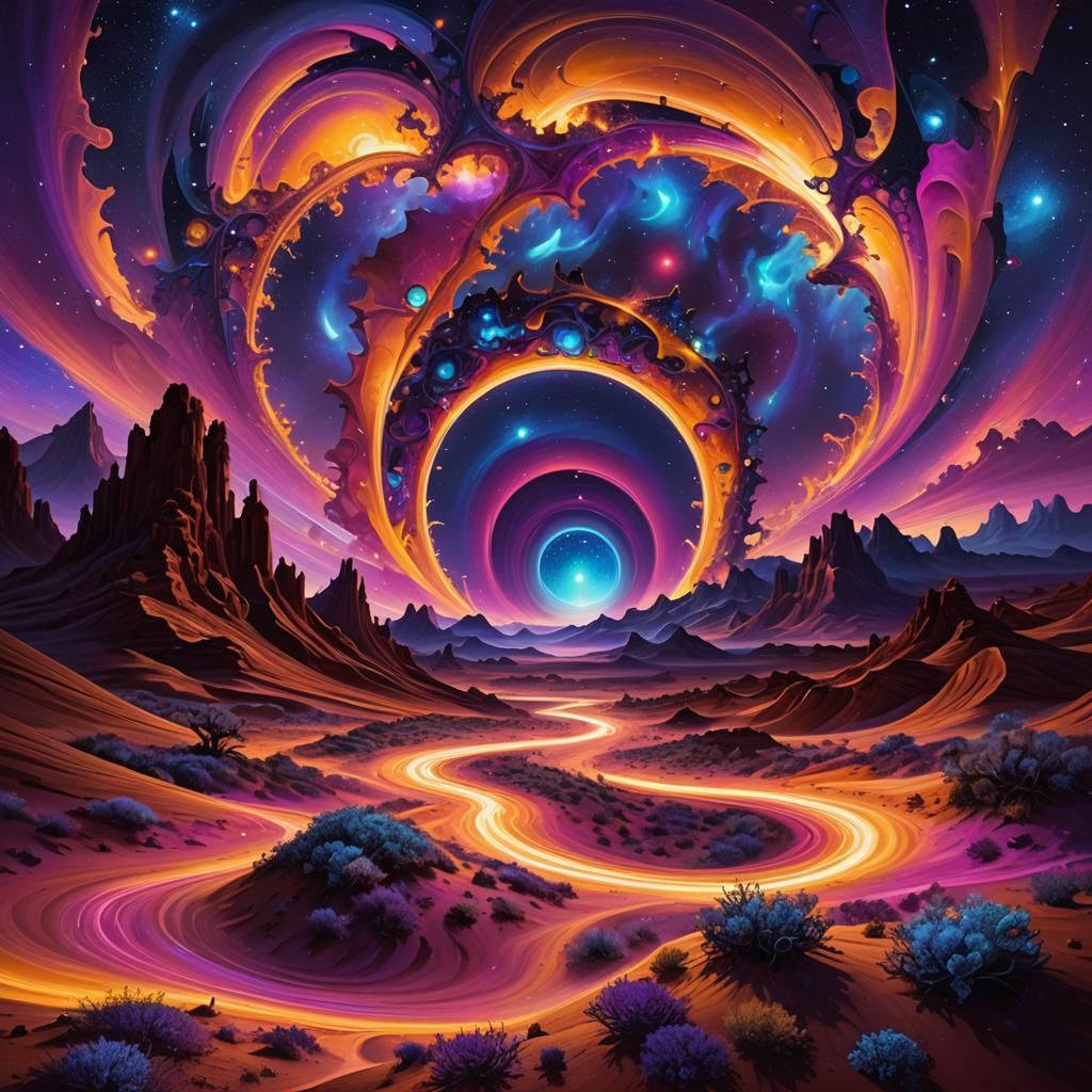 Surreal Fractal Desert Landscape with Space Portals