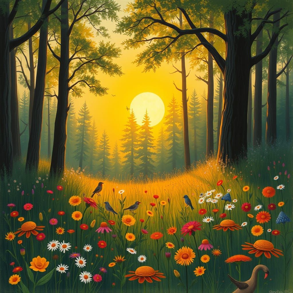 Sunrise Radiance in a Lush Forest Meadow