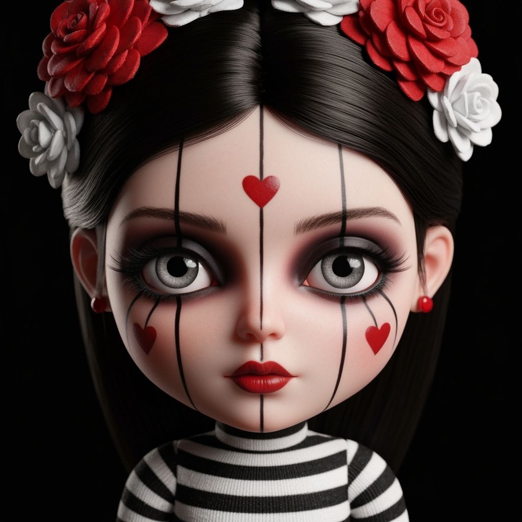 Gothic Whimsical Doll with Floral Accessories