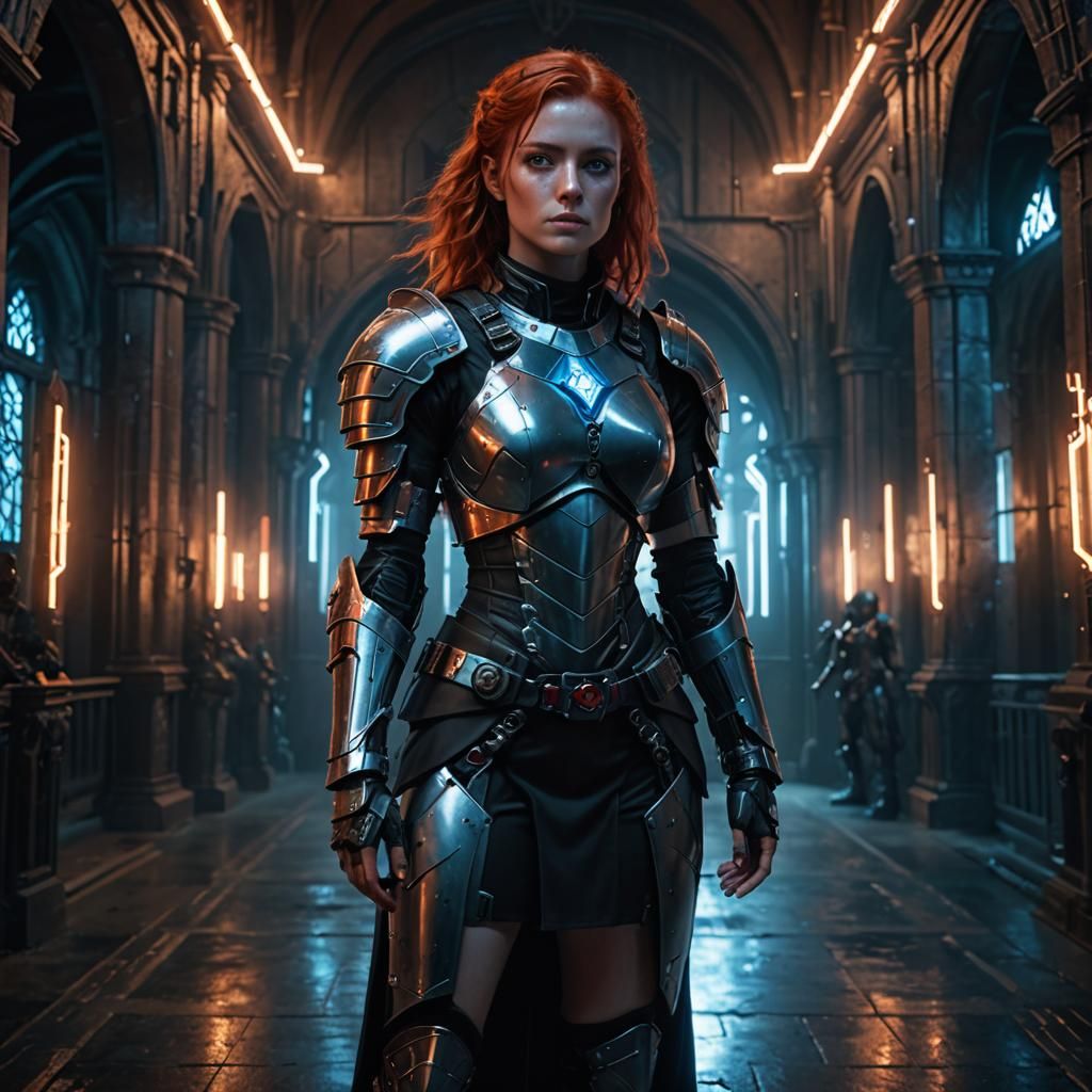 Sci-Fi Warrior in Dark Techno-Fantasy Castle