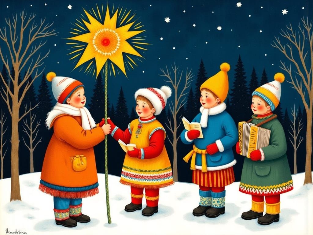 Vintage Carolers in Snowy Forest, 1950s Folk Style
