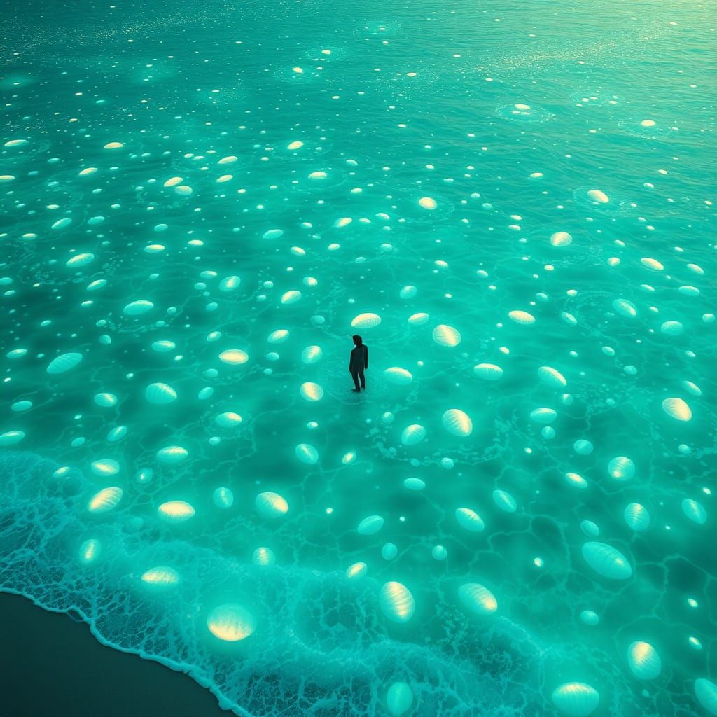 Glowing Shells Adorn Ocean in Dreamlike Scene