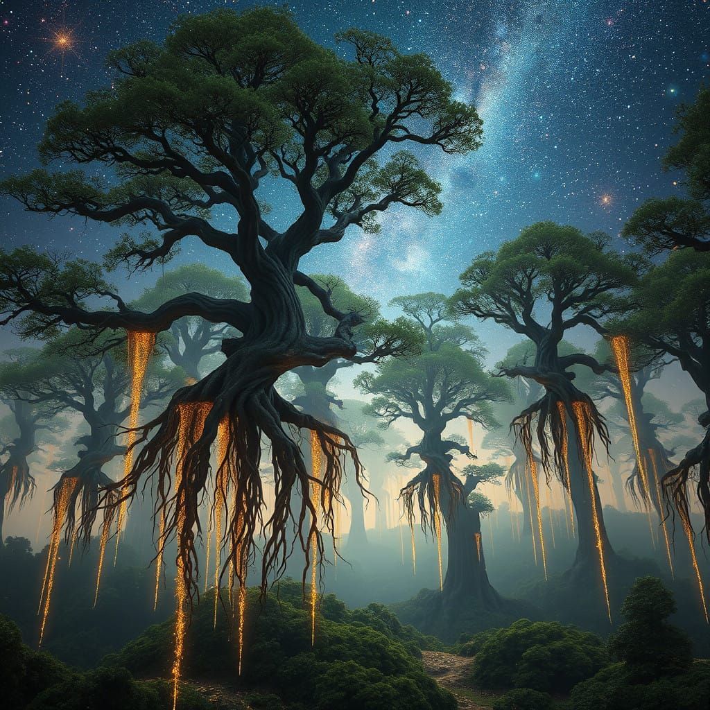 Surreal Weightless Forest with Celestial Dance of Trees