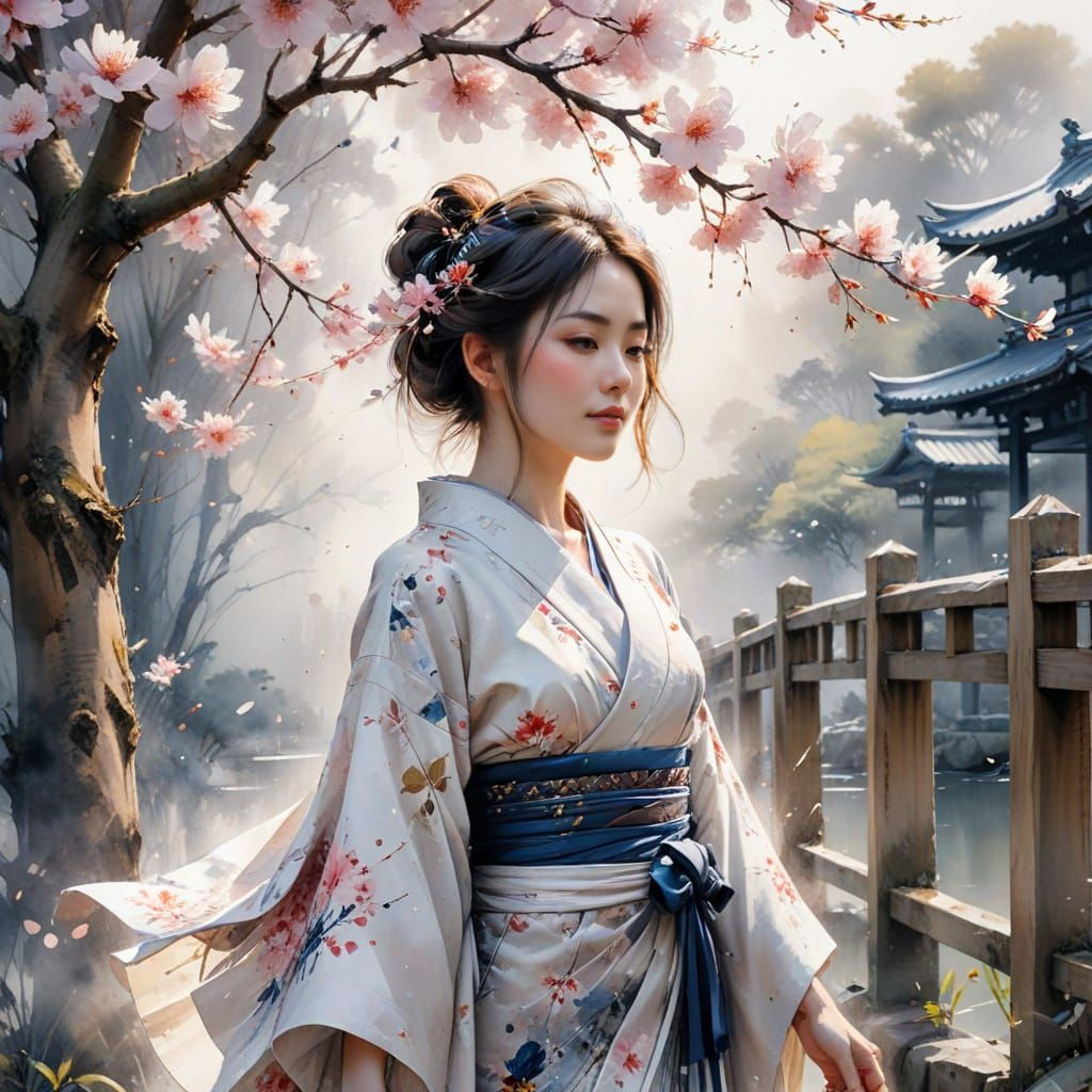 Japanese Woman in Kimono Under Cherry Blossoms