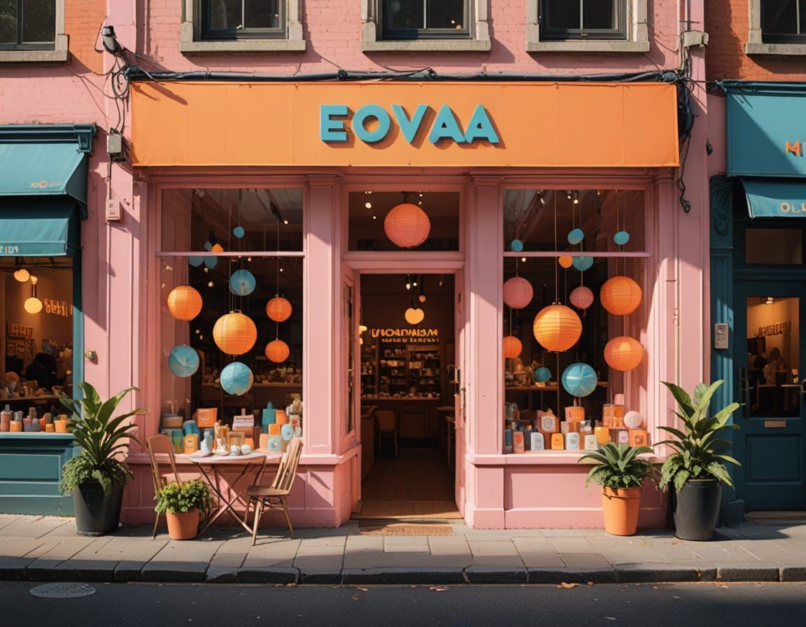 Charming Storefront with Whimsical Banner in Sunny Yellow an...