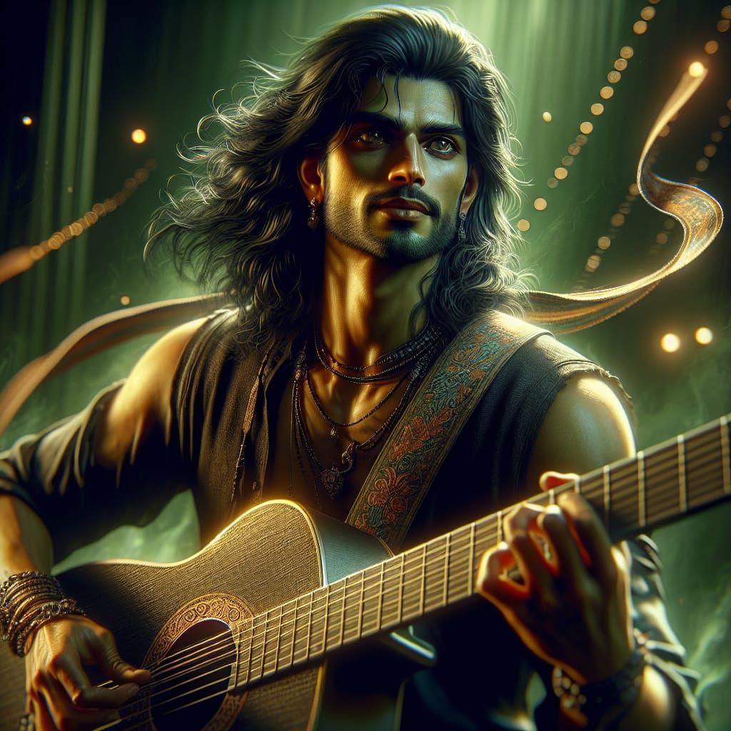 a caricature of a guitar player with long black-hair playing a guitar solo