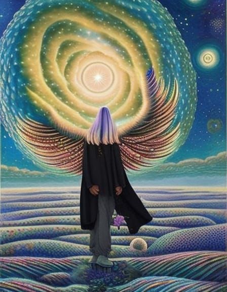 Celestial Woman in Starry City, Fairytale Art