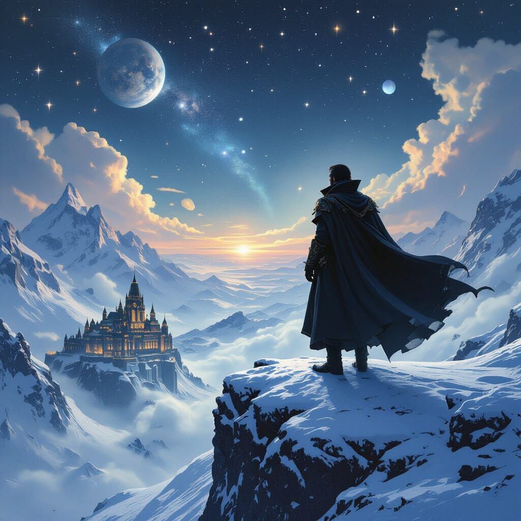 Victorian Man Gazes Over Frozen Valley Under Starry Sky