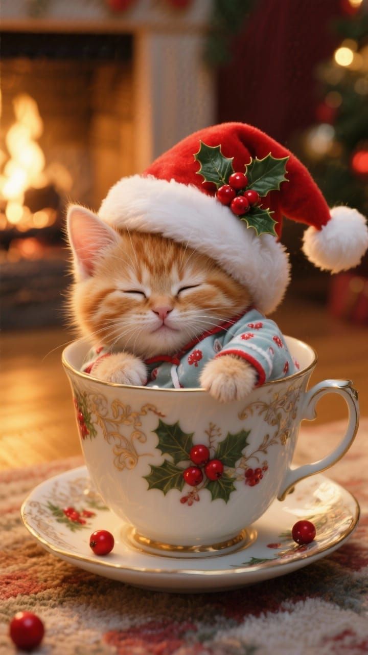 Cute Ginger Kitten Sleeps in Teacup with Santa Hat