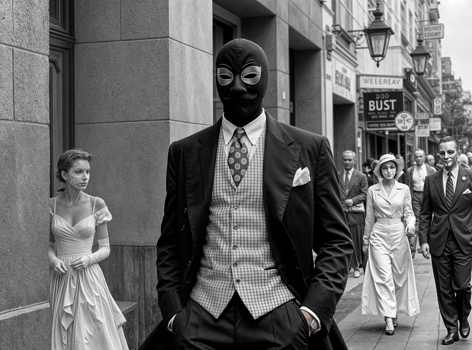 Anonymous Ray struts by in his 1950s fashion suit.