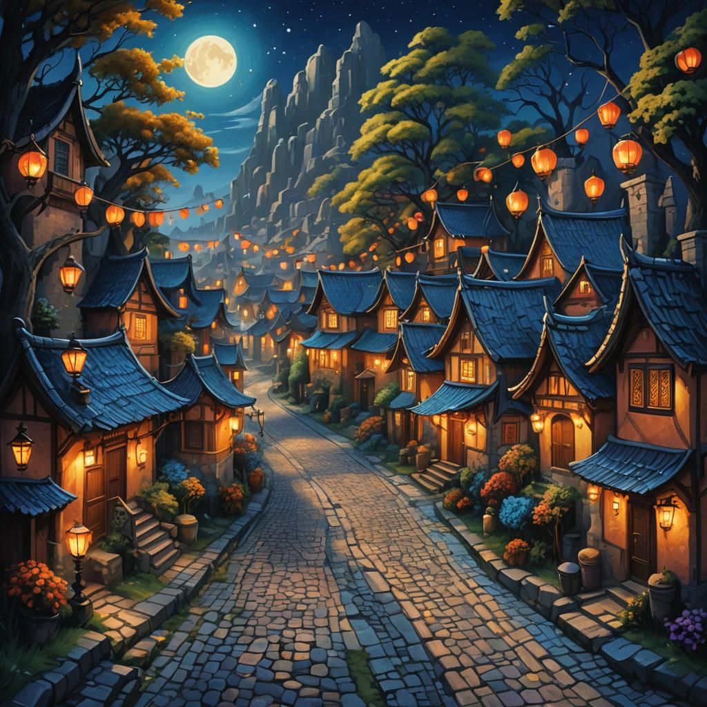 Mystical Road with Fantasy Houses at Night