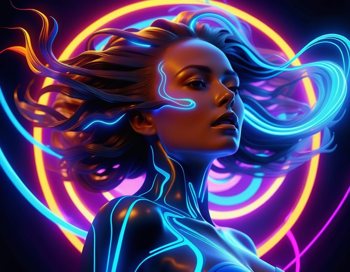 Surreal Goddess in Electric Blue, Glowing Plasma Hair