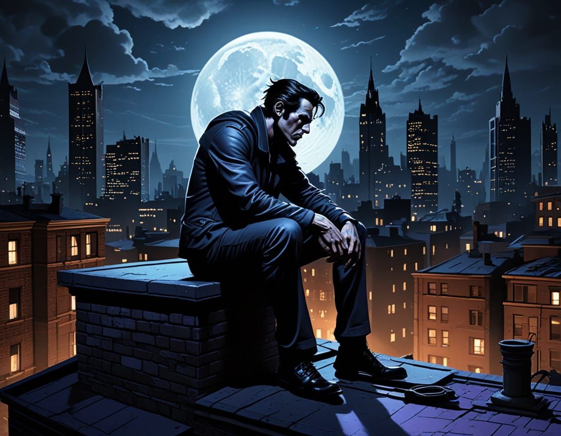 Gothic Nightcrawler in Dark Gotham Rooftop Scene
